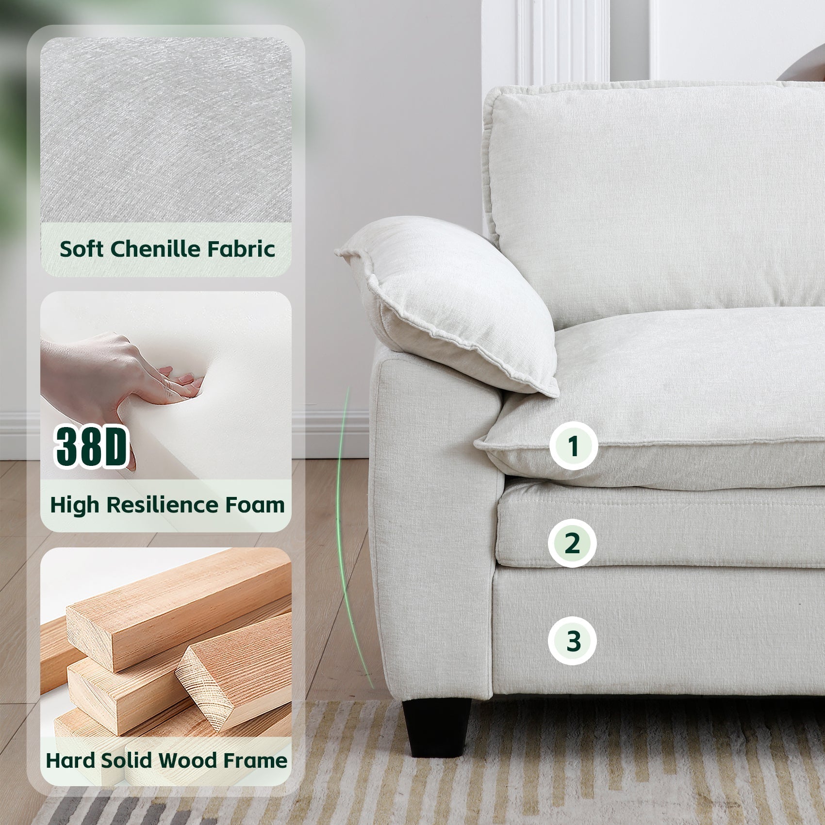 Living Room Sofa Luxury Couch with Ottoman in Soft Chenille Beige