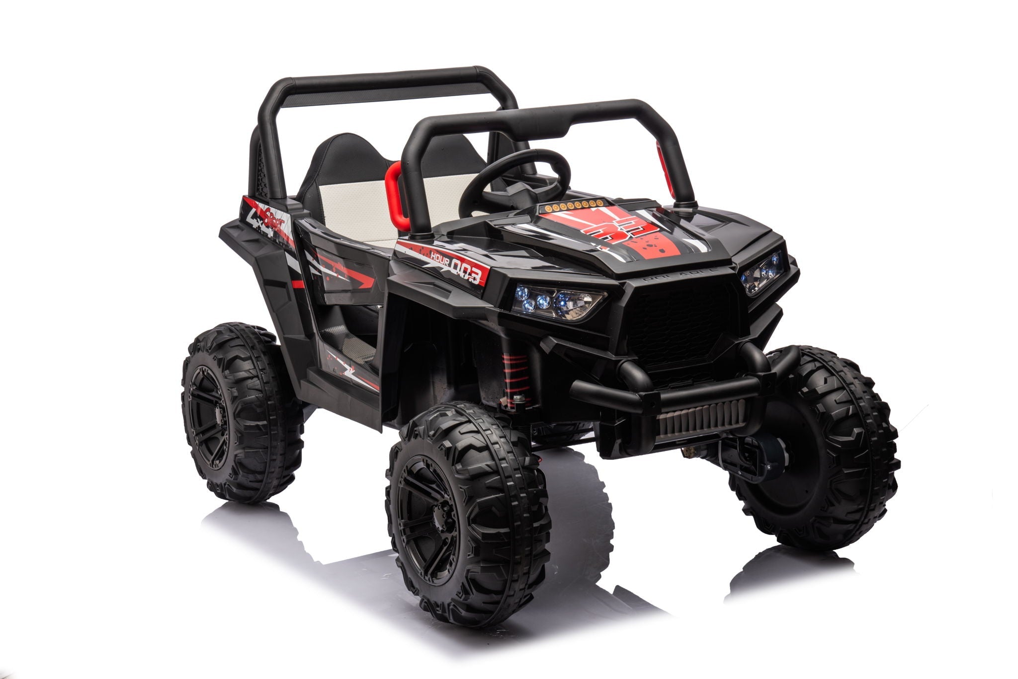 12V7A*1 30W*4 Four-Wheel Drive Seat One Button Start, Forward And Backward, High And Low Speed, Music, Front Light, Power Display, Two Doors Can Open, 2.4G R / C, Seat Belt Four Wheel Absorber