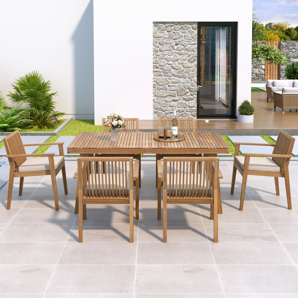 7 Piece Patio Furniture Set Acacia Wood Table And 6 Cushioned Chairs