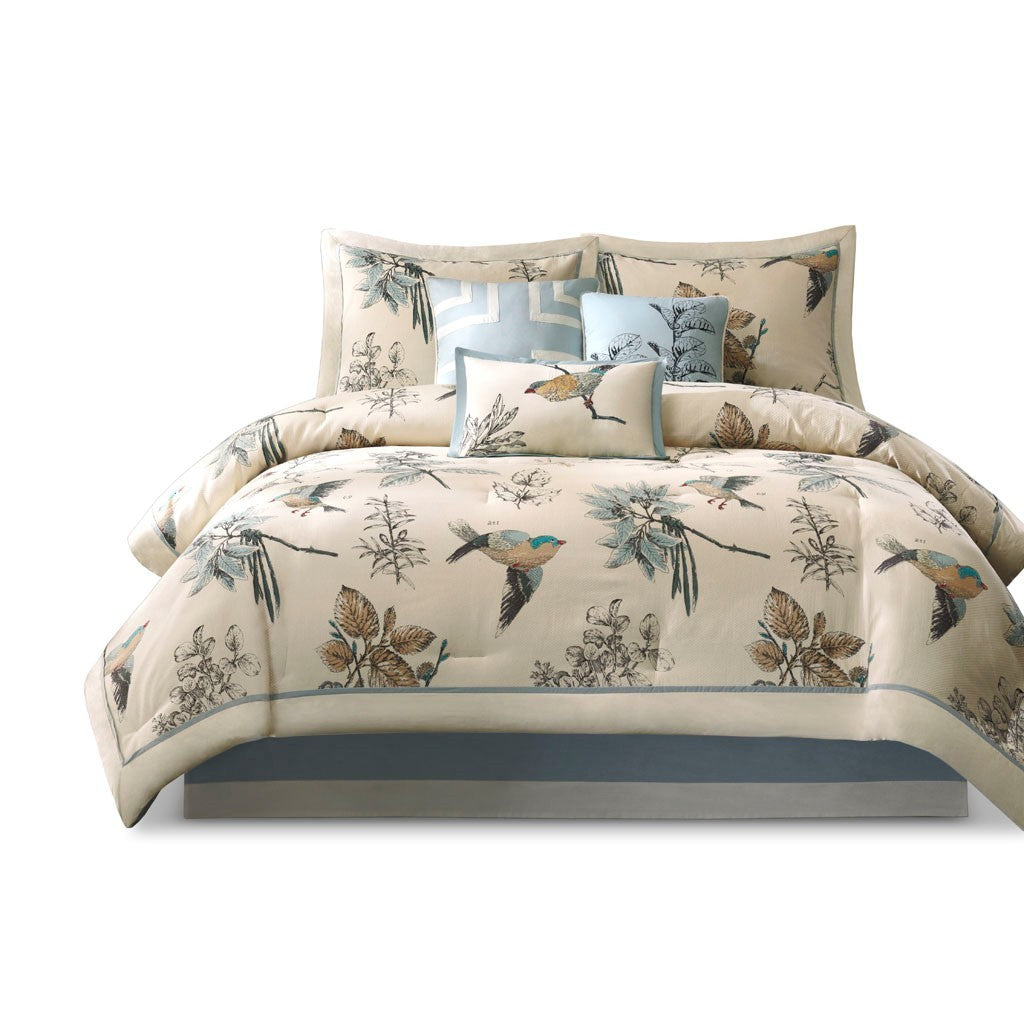 7 Piece Printed Cotton Twill Comforter Set Khaki Queen