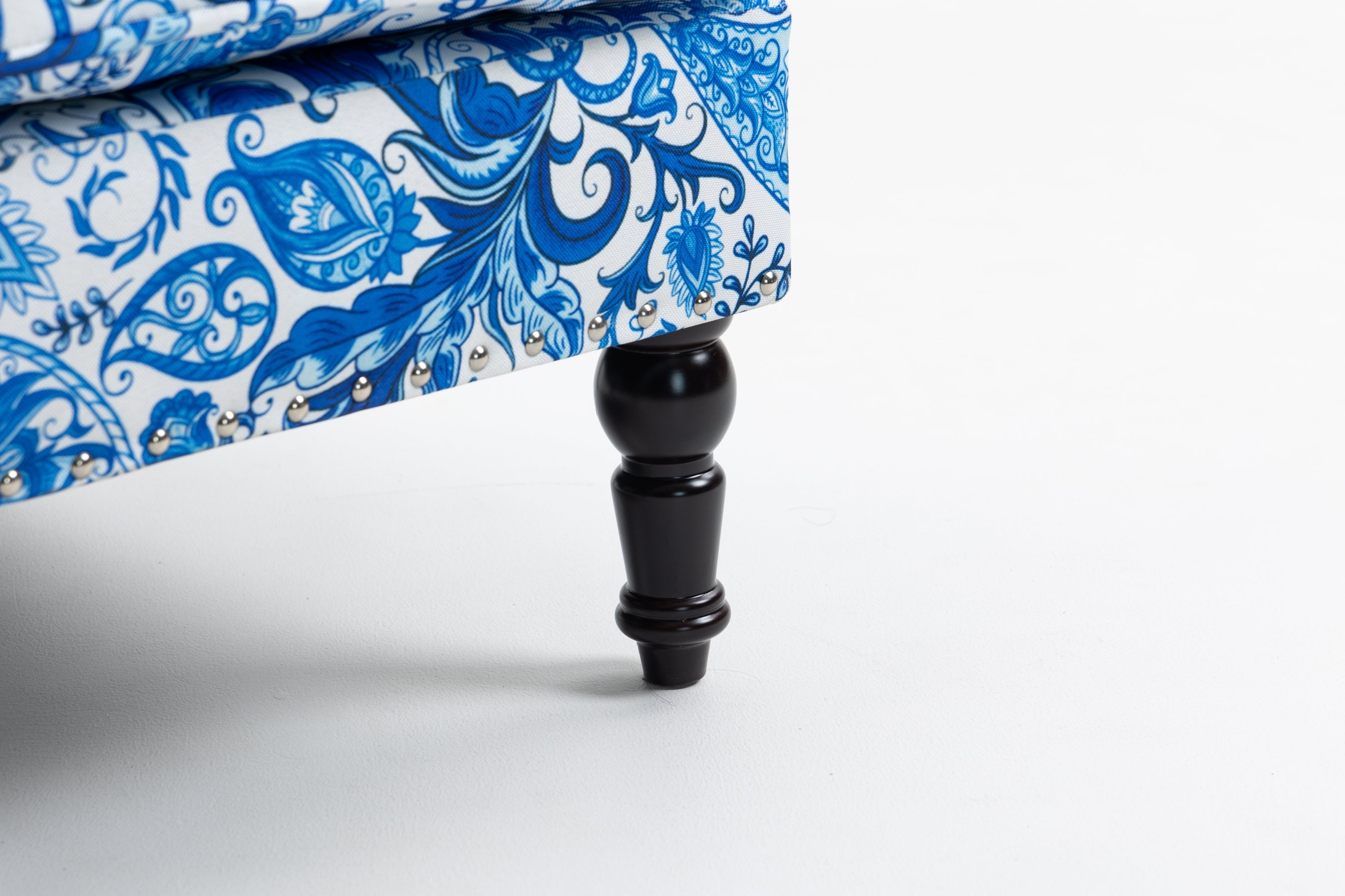 Upholstered Accent Chair with Blue and White Porcelain Print Linen Fabric