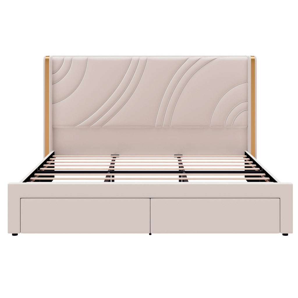 Modern Upholstered LED Bed Frame With Storage Drawers, Wingback Headboard, RGB Light