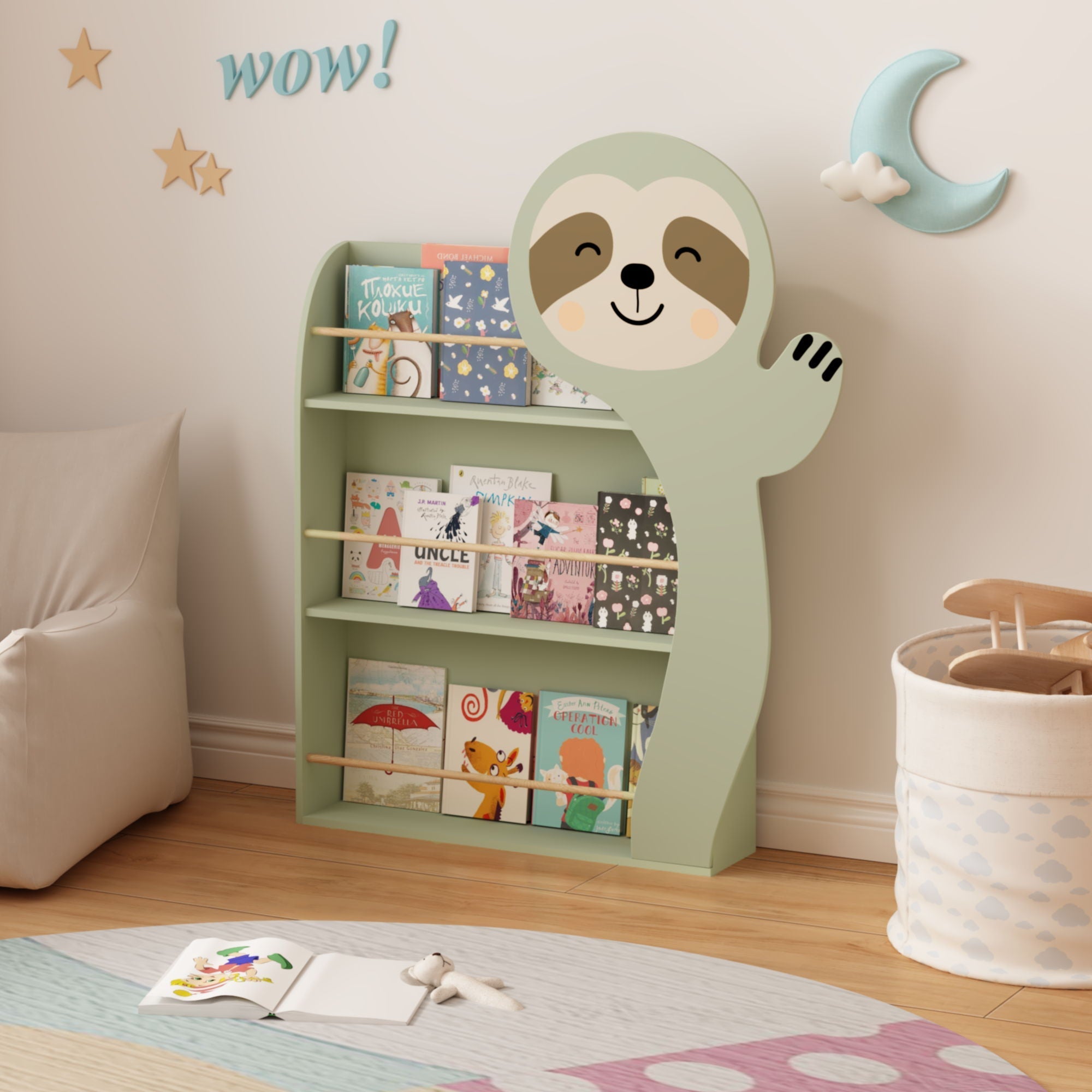 Sloth Bookshelf, Front Facing Toddler Book Display Rack With 3 Tiers, Cute Animal Design - Sage Green