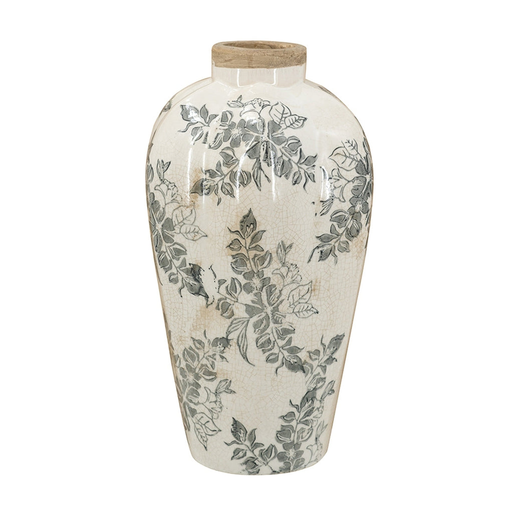 6.7x6.7x11.6' White Ceramic Accent Vase with Gray Floral Design