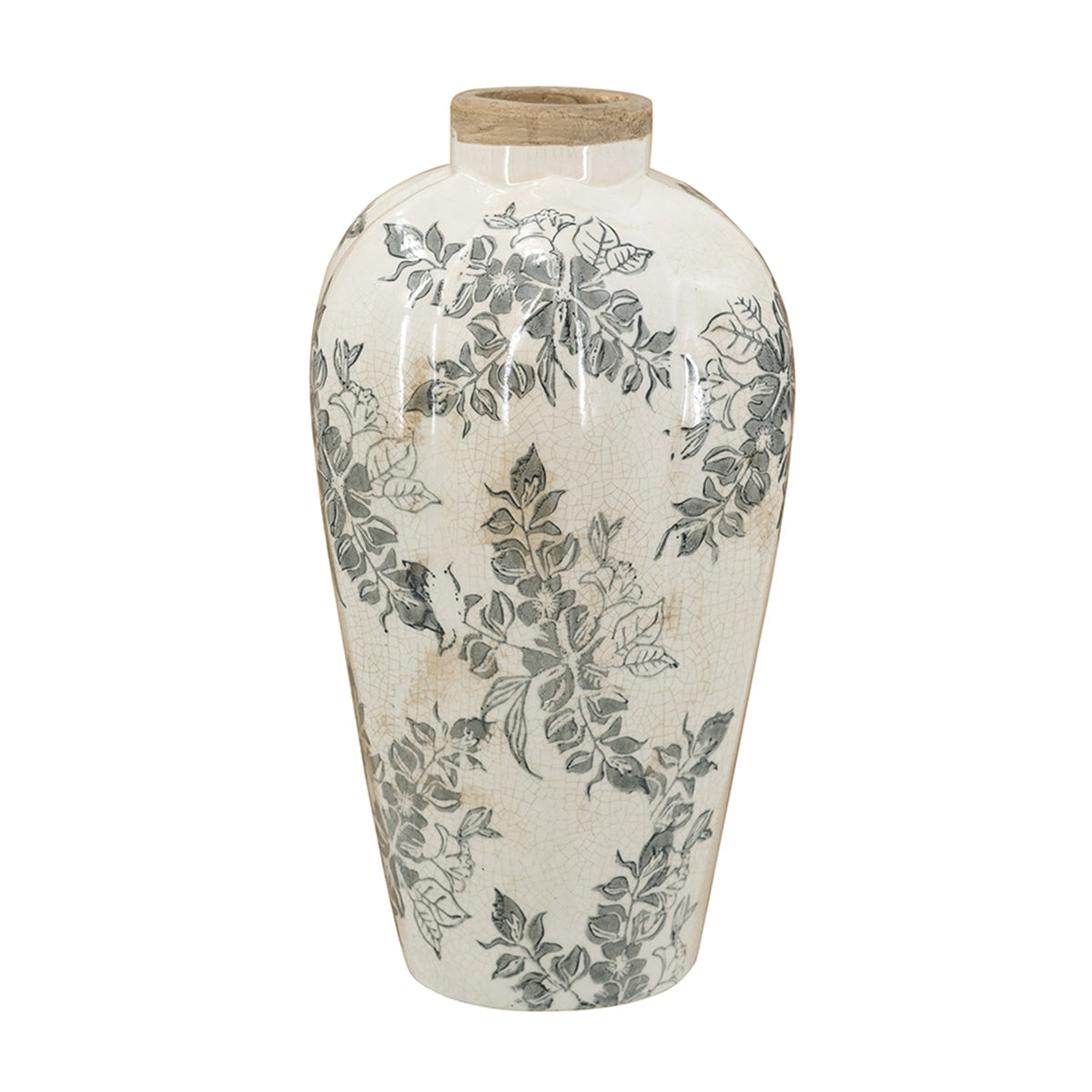6.7x6.7x11.6' White Ceramic Accent Vase with Gray Floral Design
