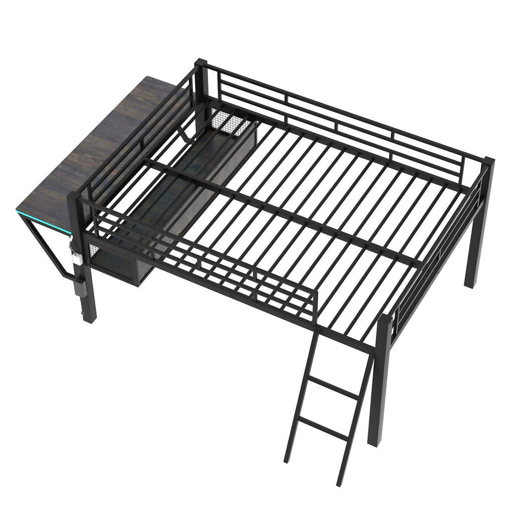 Gaming - Full Size Loft Bed With Desk, LED - Black