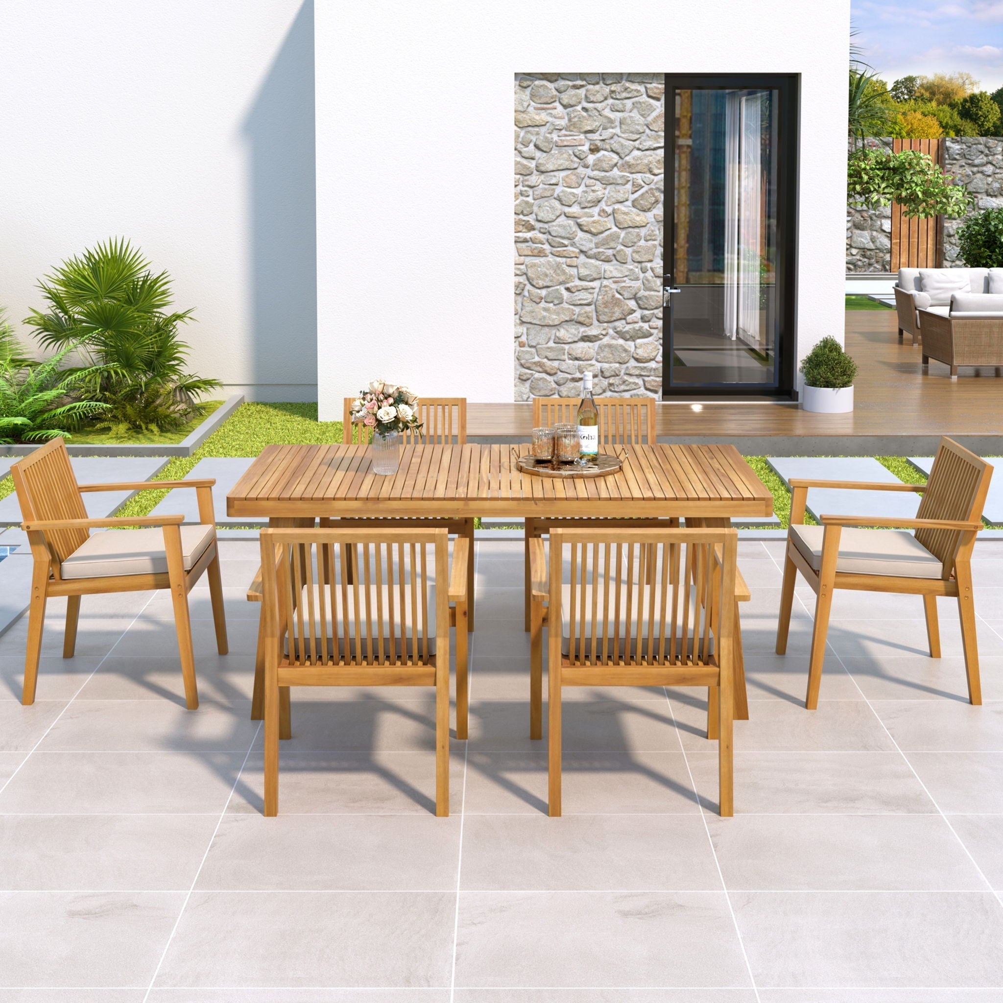7 Piece Patio Furniture Set Acacia Wood Table And 6 Cushioned Chairs