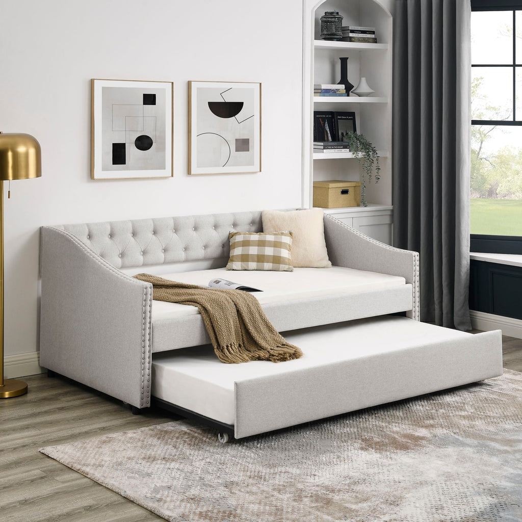 Upholstered Tufted Daybed With Drawers, Waved Arms