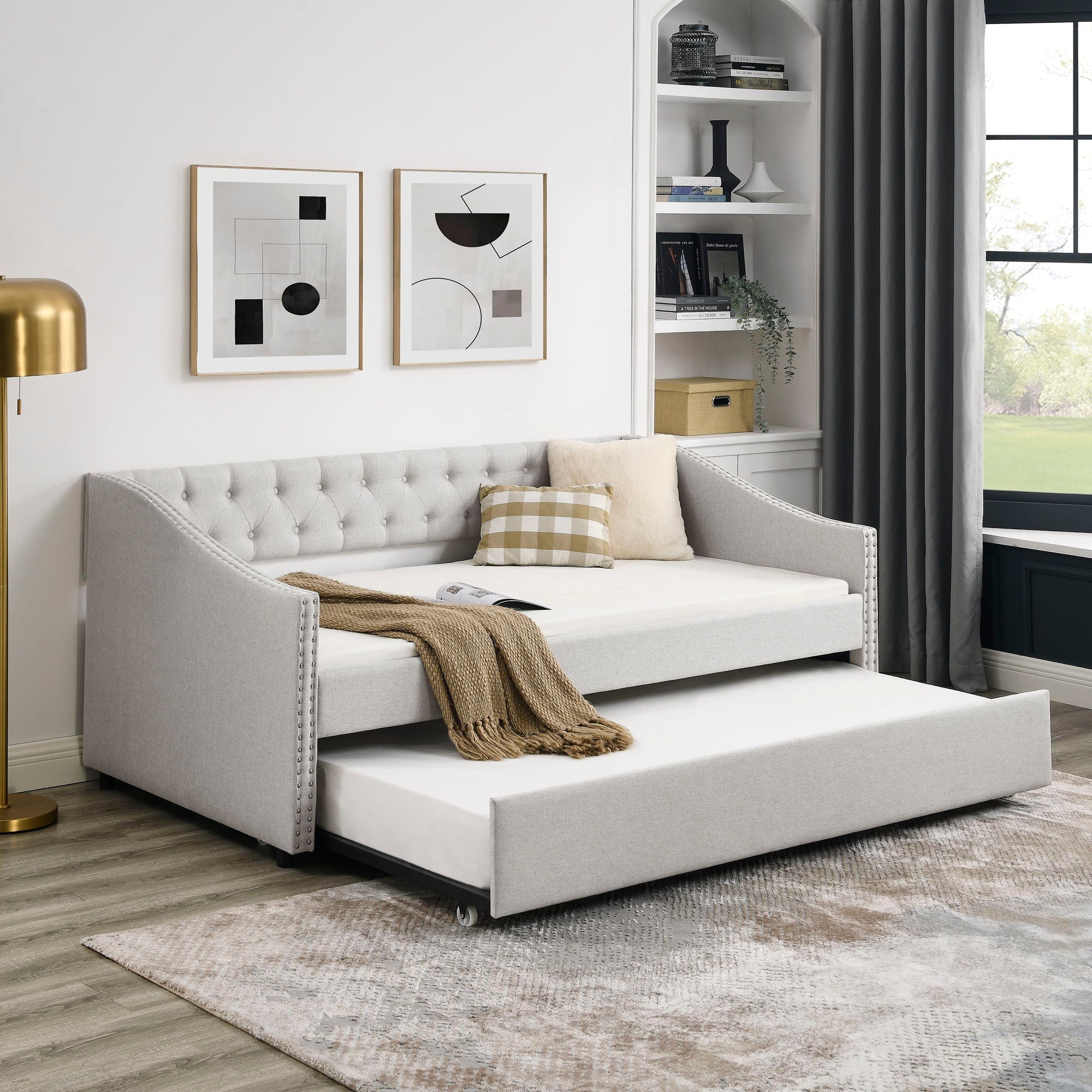 Upholstered Tufted Daybed With Drawers, Waved Arms