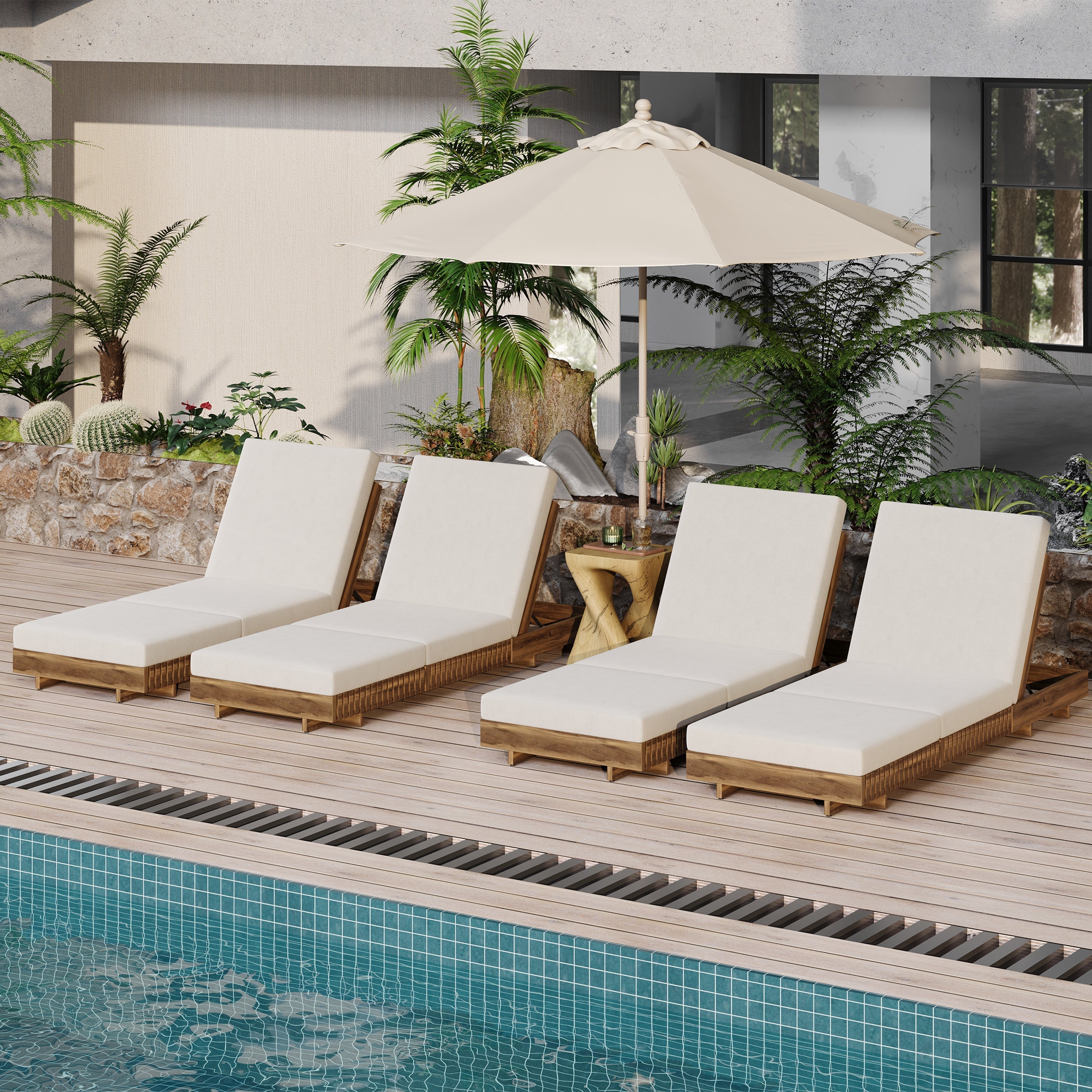 Lounge Chaise Set, Acacia Solid Wood with Cream Lounge Cushion