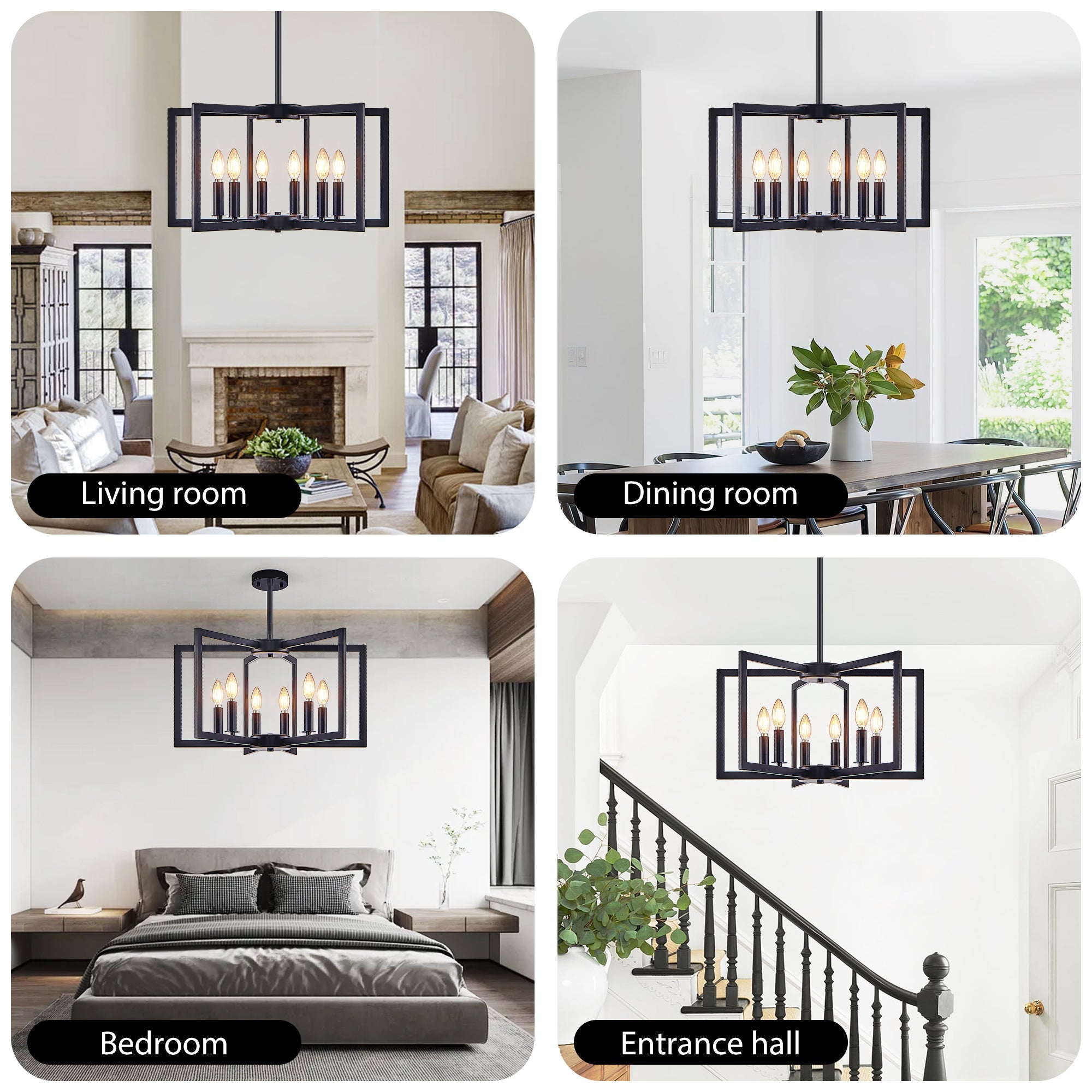 22' Modern Black Geometric 6-Light Chandelier – Industrial Metal Pendant Light Fixture for Living Room, Dining Room, or Kitchen (Bulb Not Included)