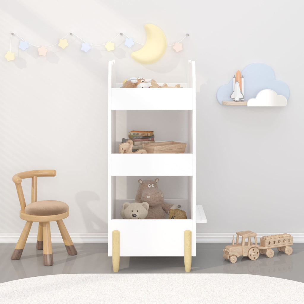 Bear Shaped Bookshelf With Chalkboard Side, 3-Tier Storage Organizer For Playroom - White