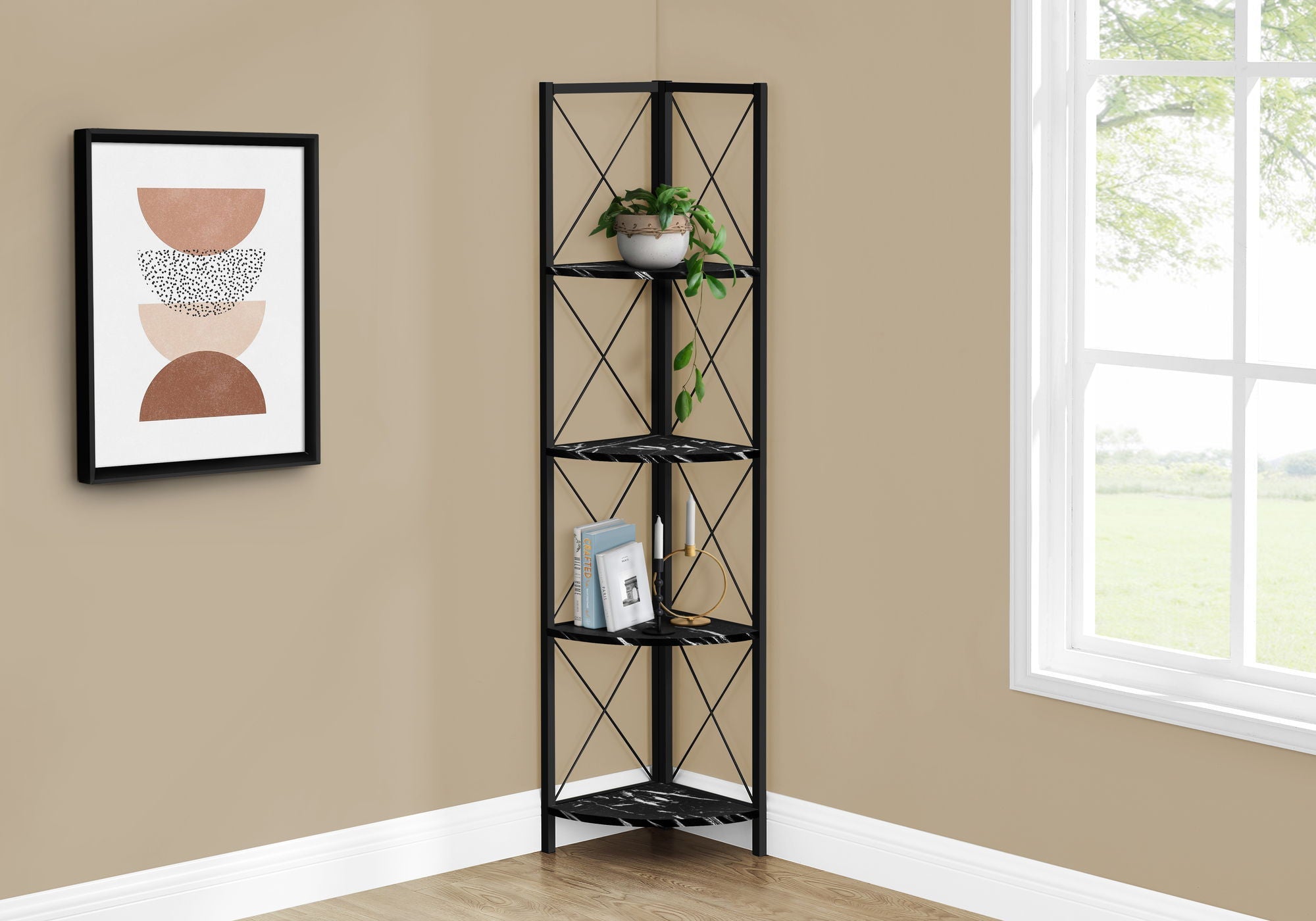 4-Tier Corner Bookshelf with Marble Look and Metal Frame