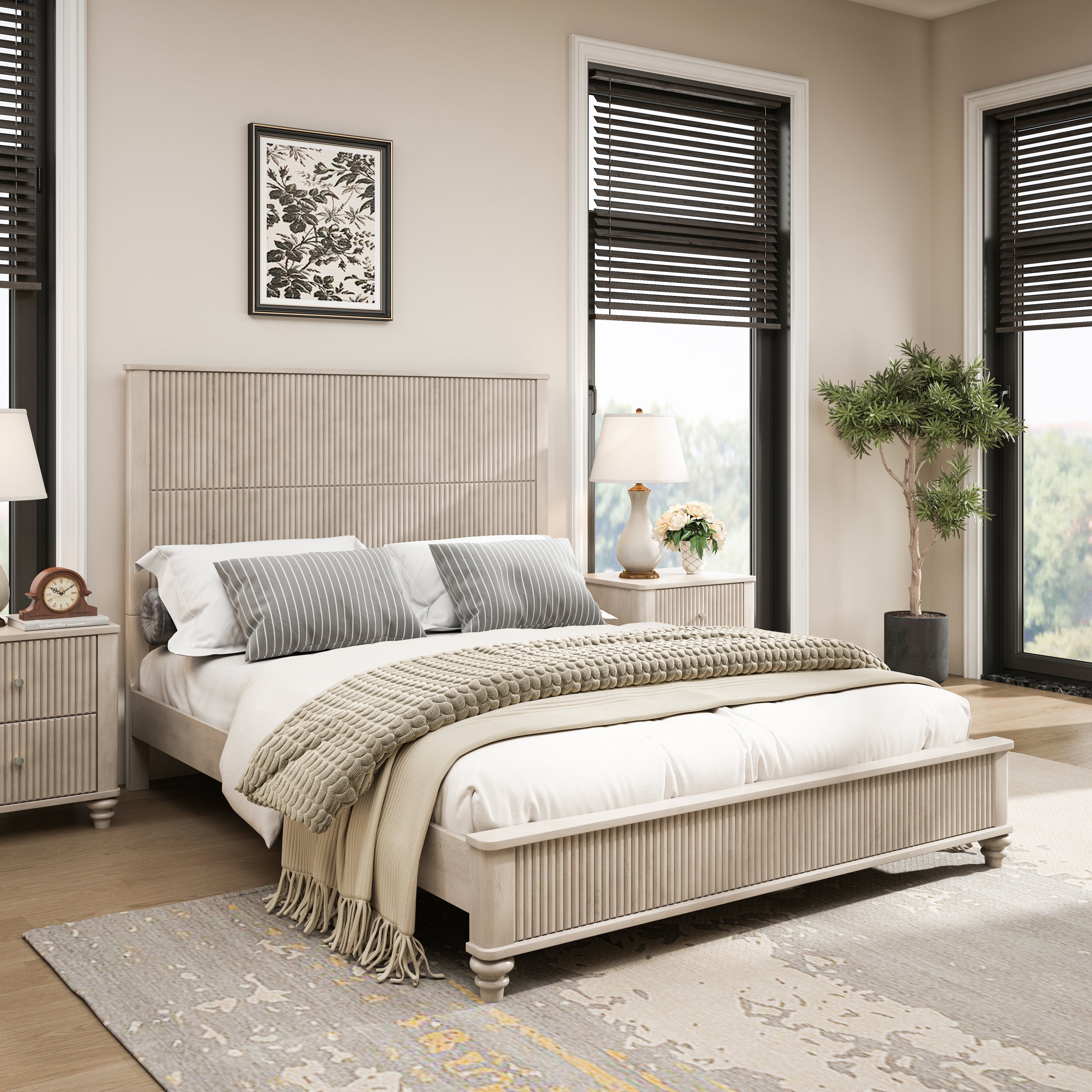Solid Wood Queen Platform Bed Frame with Tall Headboard