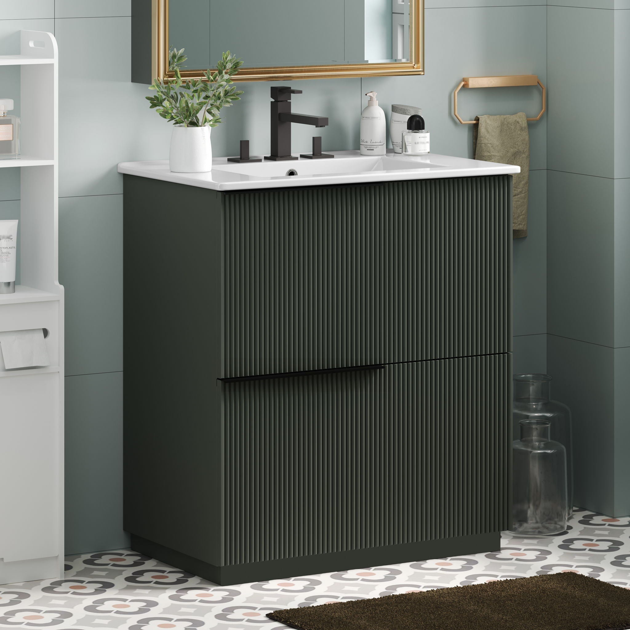 Fluted Bathroom Vanity With Ceramic Sink and Soft-Close Slides