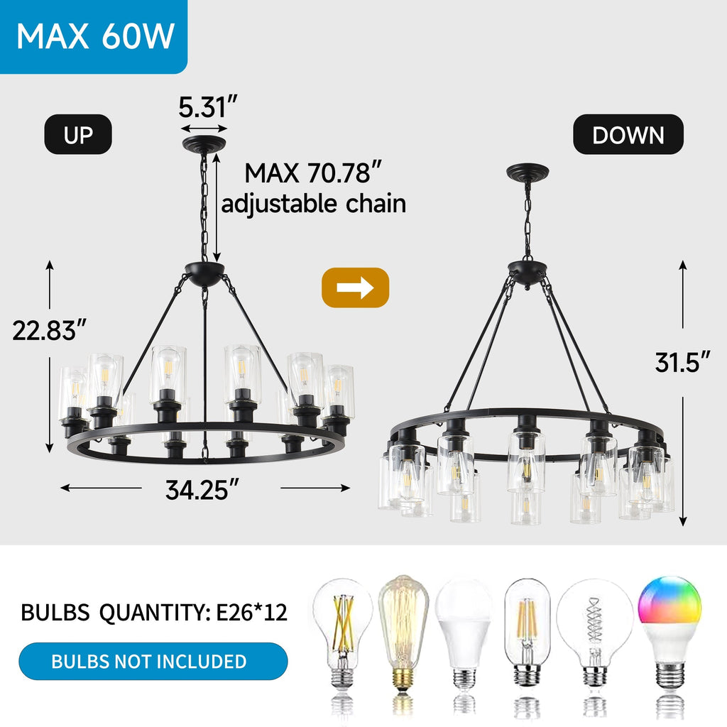 Black Wagon Wheel Chandelier 31.5 Inch Modern Farmhouse Pendant Light
