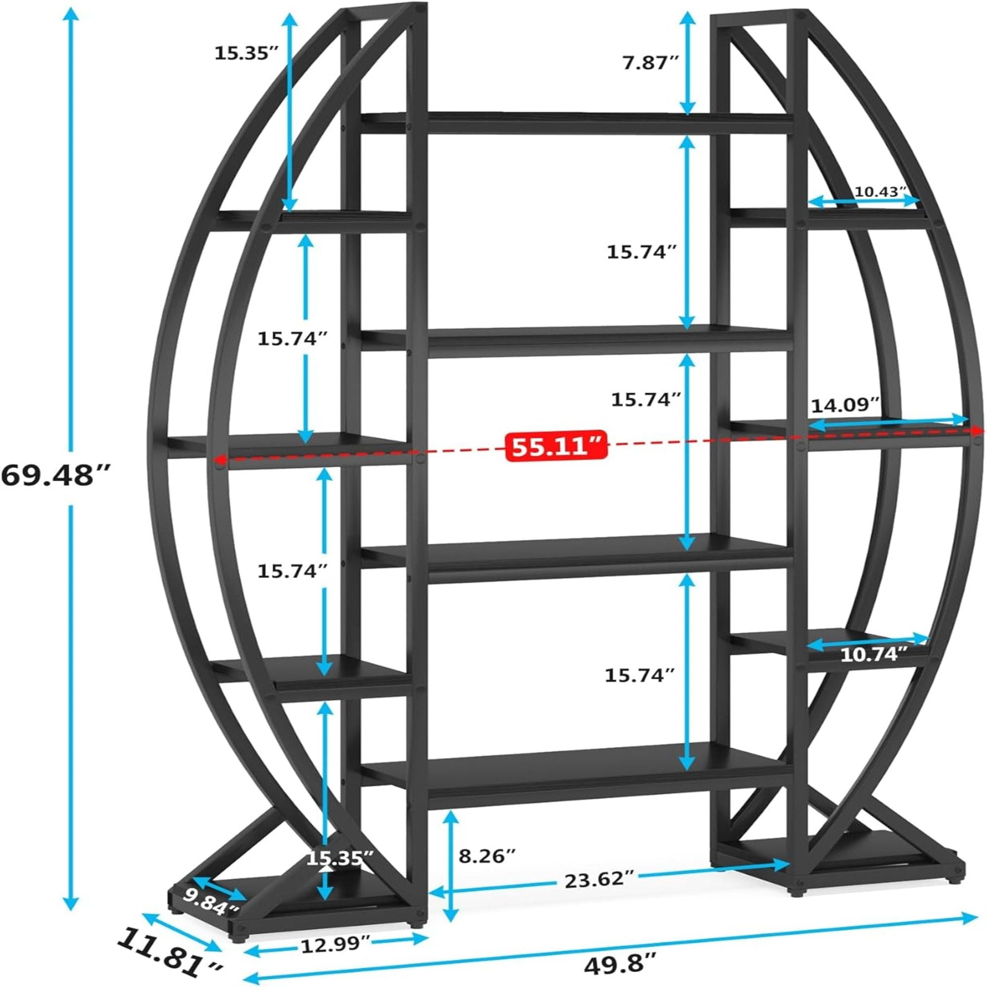 Triple Wide Oval Etagere Bookcase With Shelves For Living Room