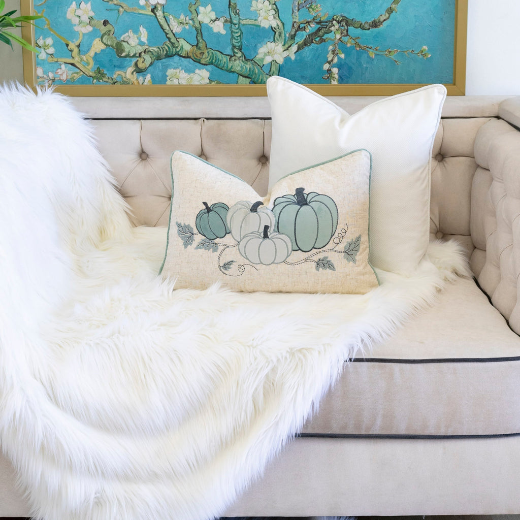 Pastel Harvest Lumbar Pillow – Misty Blue Fall Accent Cushion