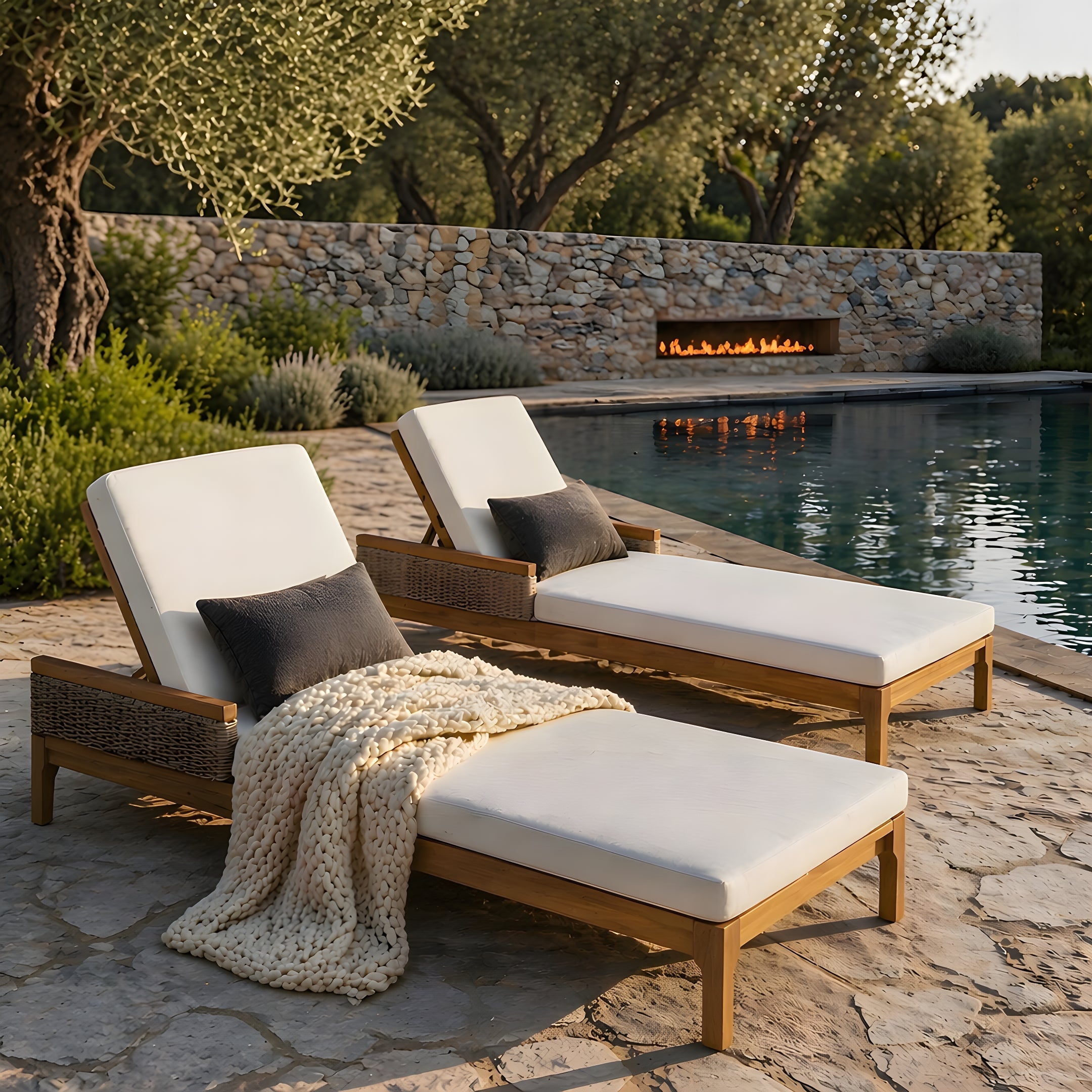 76.8" Solid Acacia Wood Sun Lounger Set of 2 with Cushions