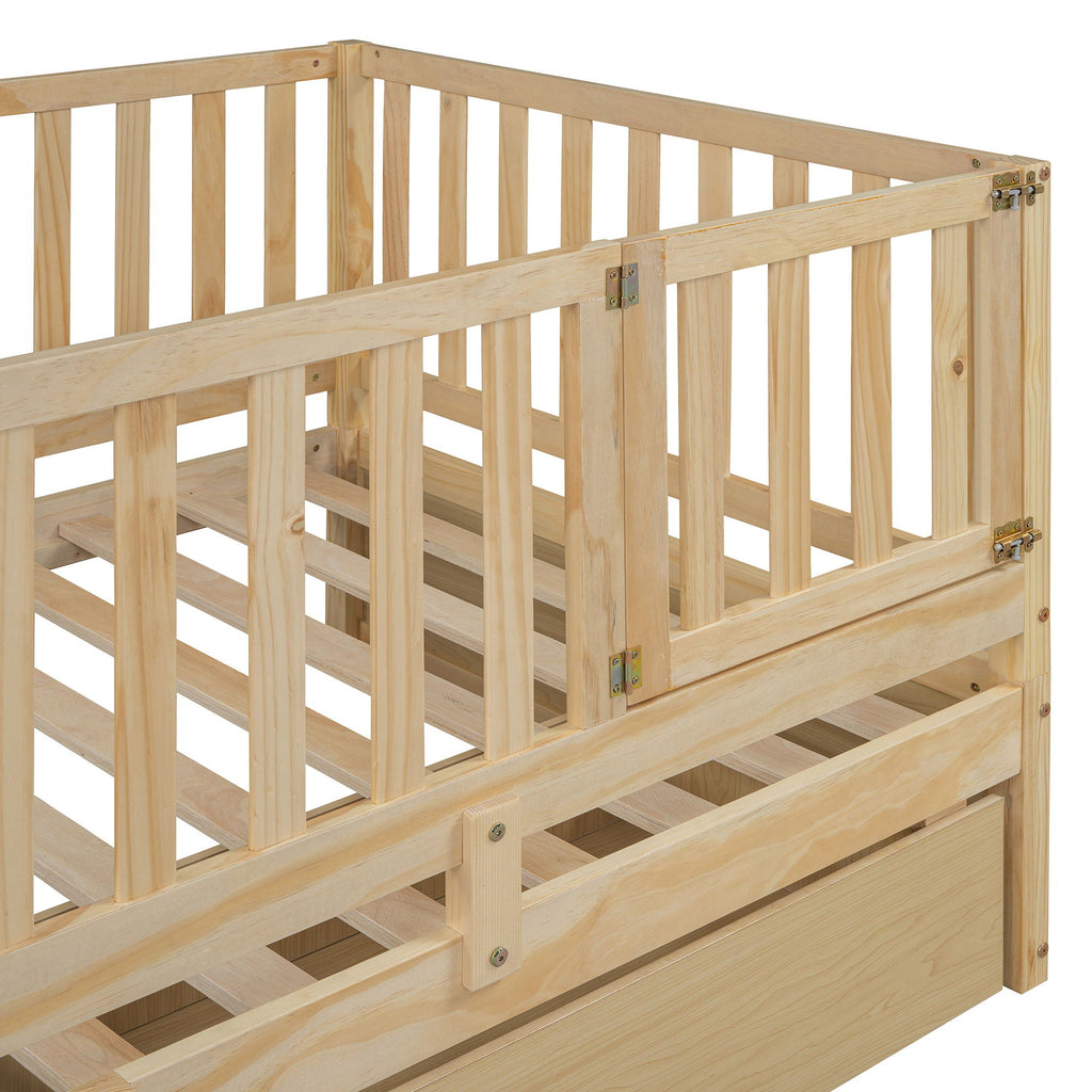 Daybed With Fence Guardrails And 2 Drawers, Split Into Independent Floor Bed & Daybed