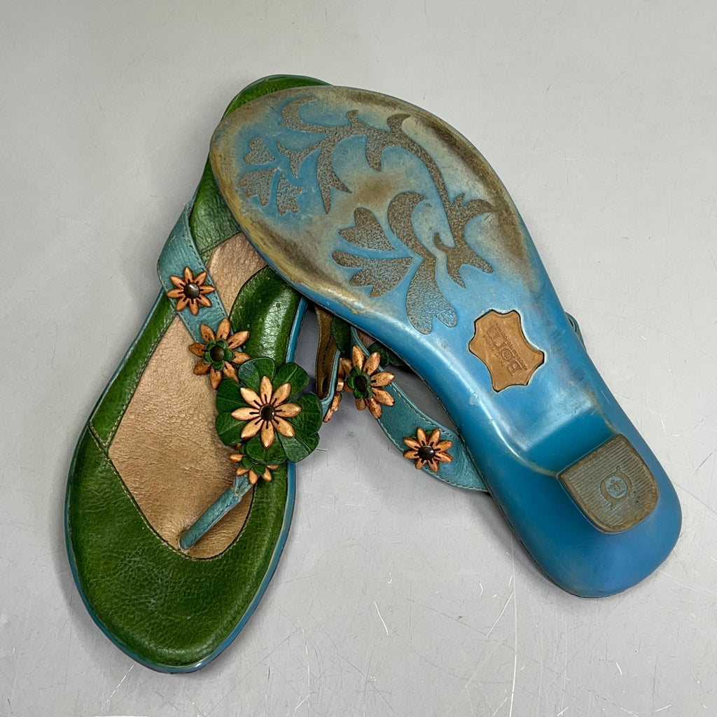 BORN Leather Beaded Flower Sandal W/ Heel Women's Sz 12 Green/Blue (Used)