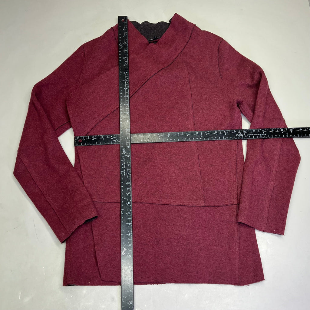 EILEEN FISHER Long Scoop Cut Bottom Cardigan 96% Merino Wool Women's Sz M Wine