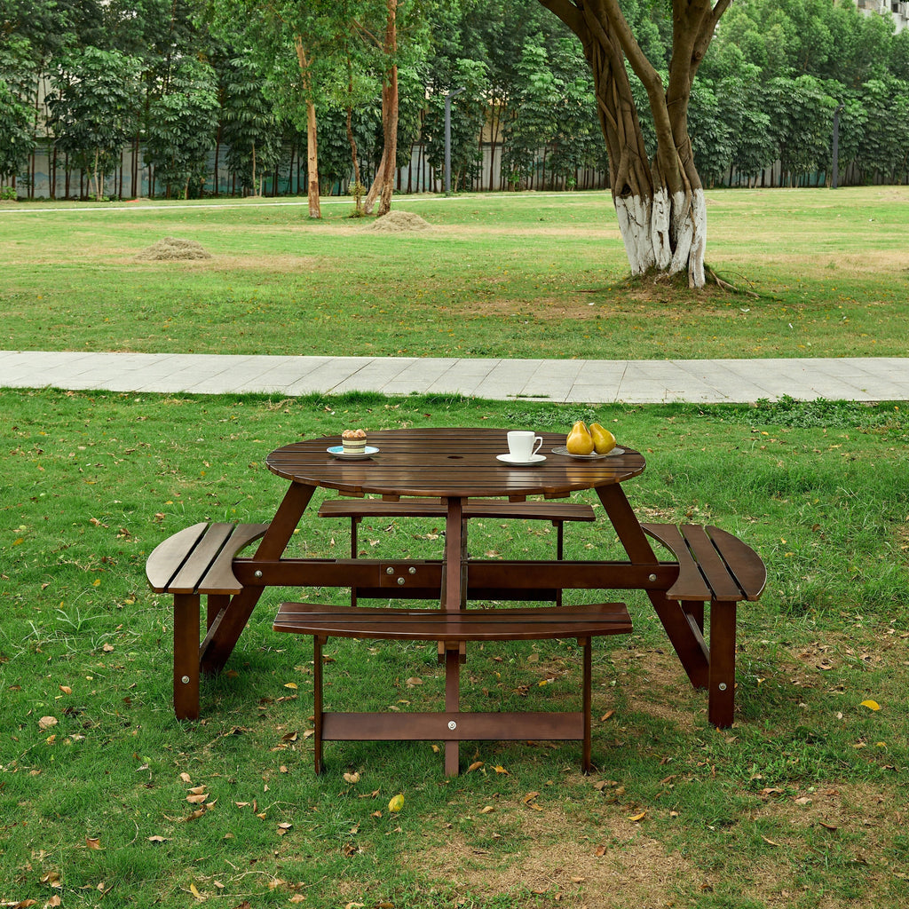 Outdoor 8 Person Round Picnic Table with Built-In Benches