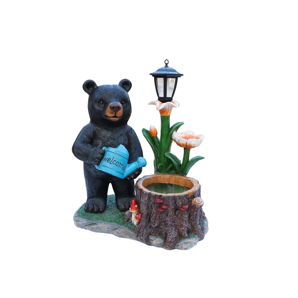 Standing Black Bear Garden Planter with Decorative Solar Lantern