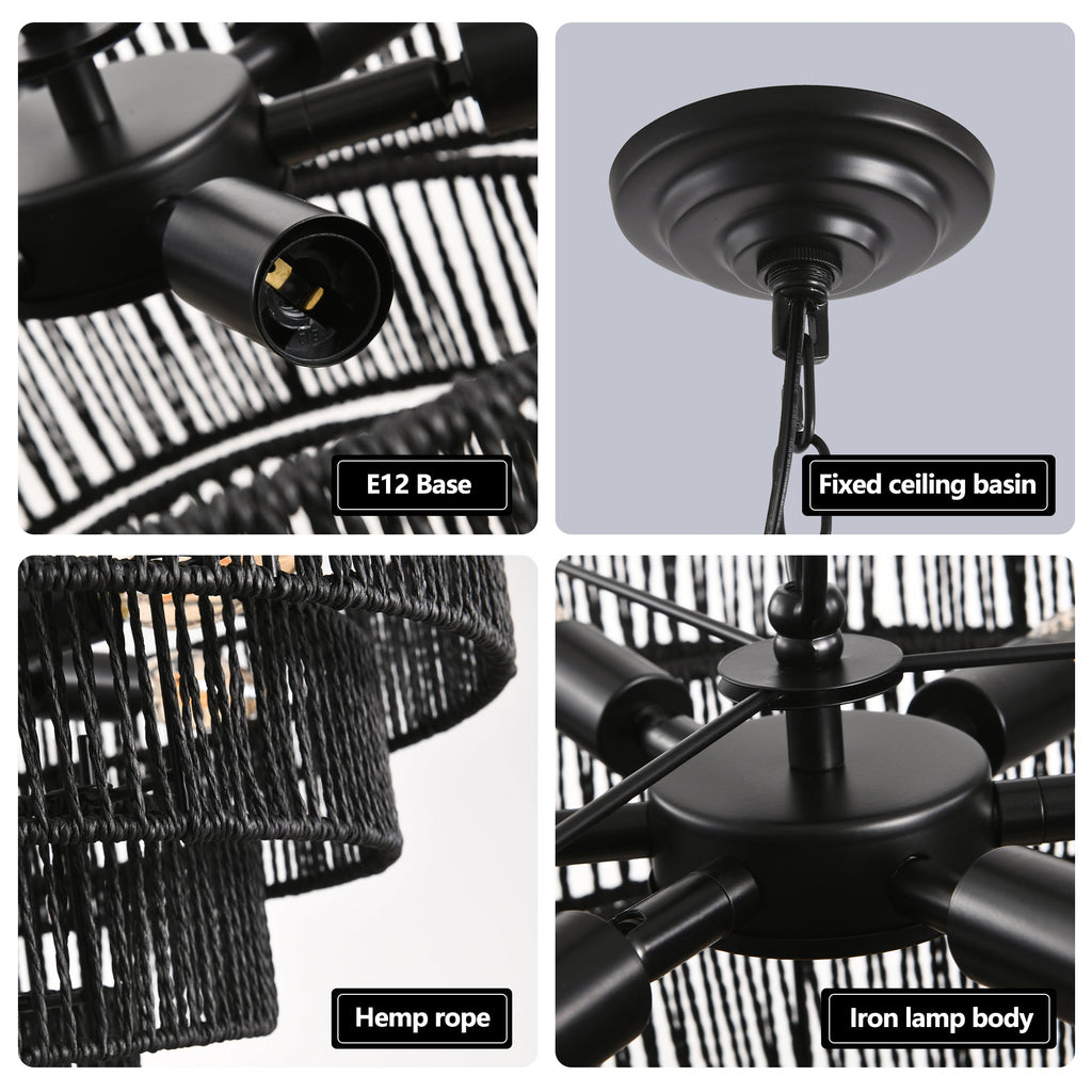 24" Rustic 5-Tier Black Hemp Rope Pendant Light Chandelier