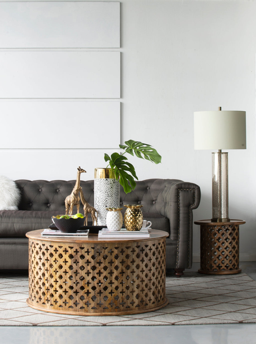16x16x35 Gold Mirrored Glass Table Lamp with White Fabric Shade