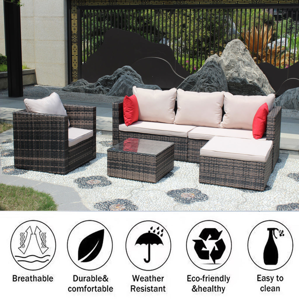 Rattan Patio Furniture Set Wicker Sofa Cushioned Sectional (4 Pieces, Brown)