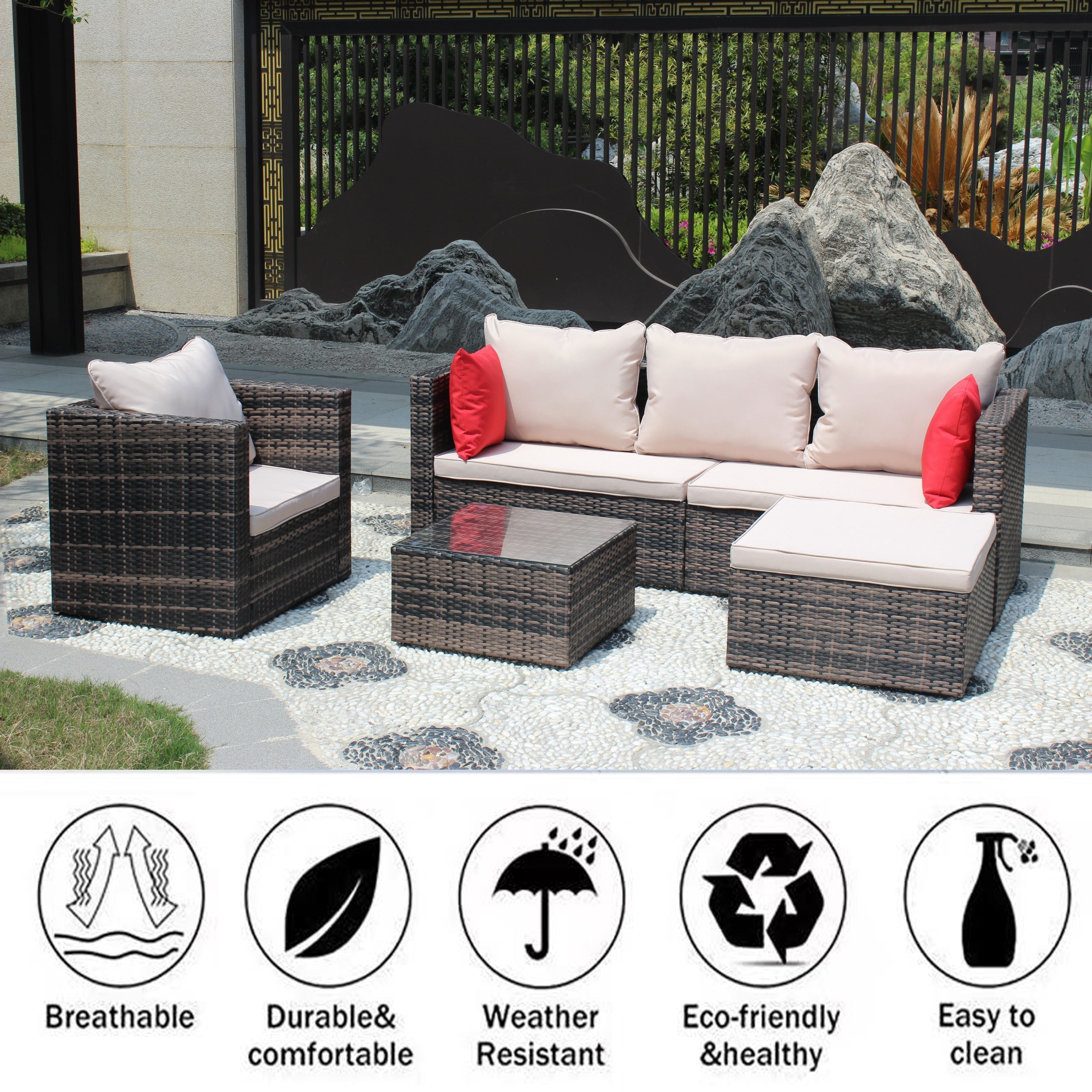 Rattan Patio Furniture Set Wicker Sofa Cushioned Sectional (4 Pieces, Brown)