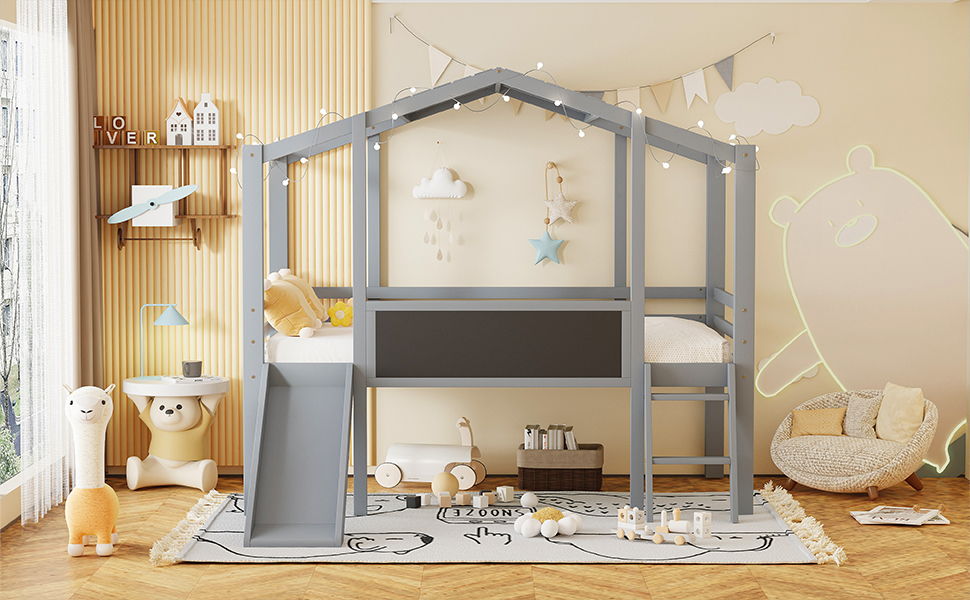 Loft House Bed With Ladder And Slide, With board And Light Strip On The Roof