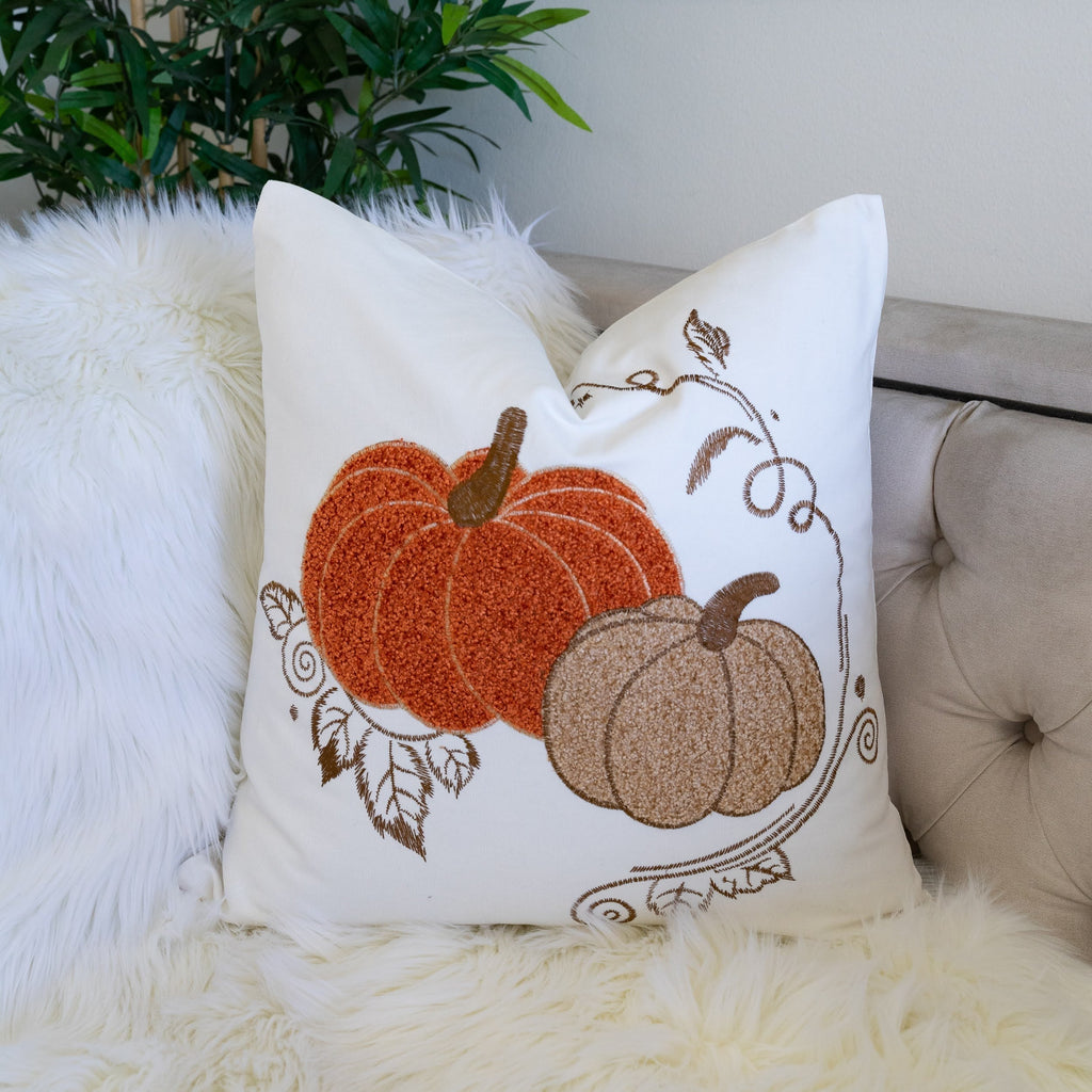 Embroidered Harvest Pumpkin Pillow – Autumn Harvest Accent Cushion