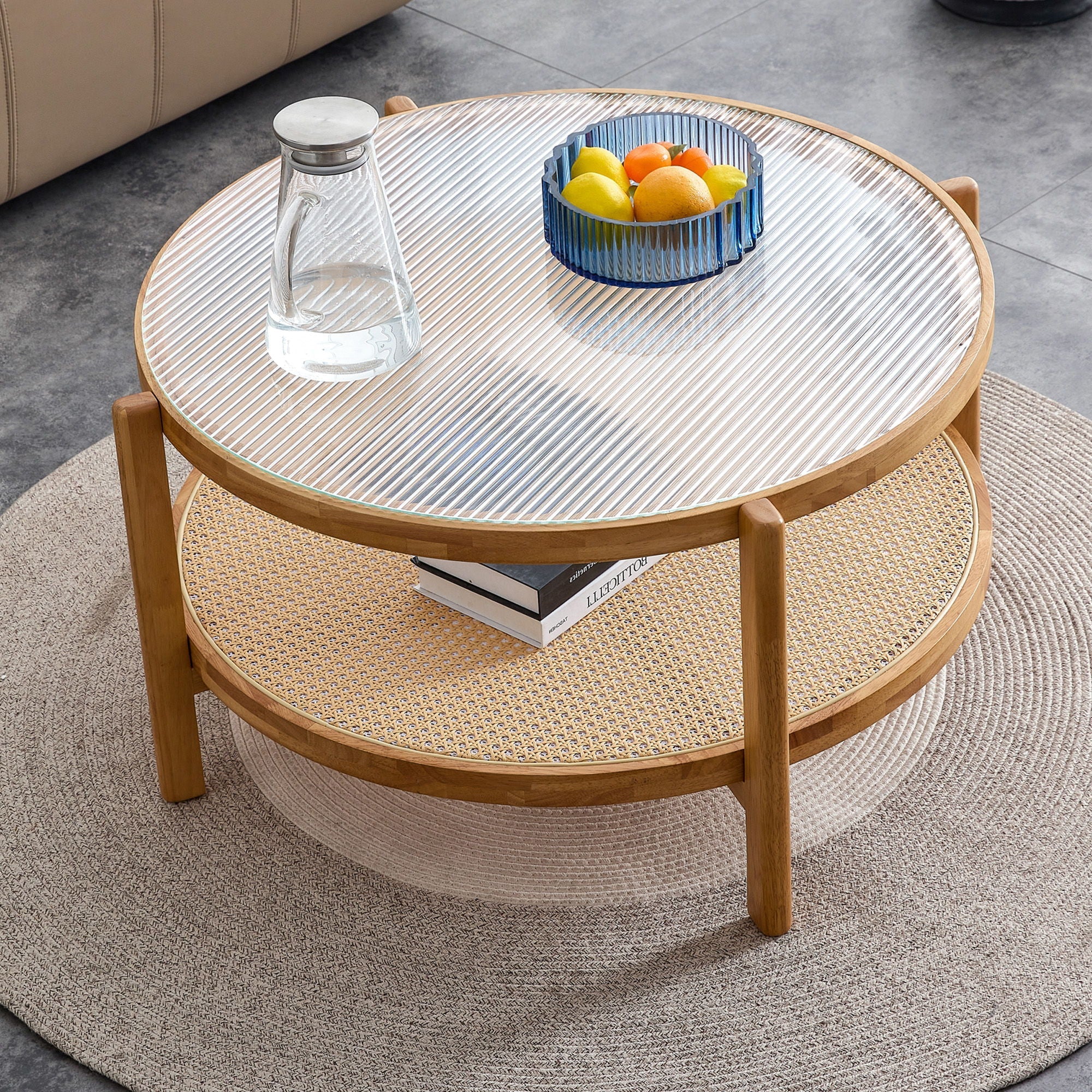 Modern Style Circular Double Layer Tea Table With Rattan Weave