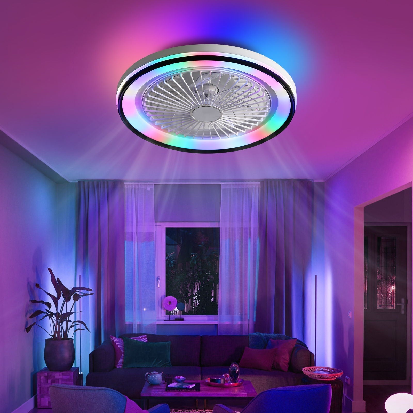 RGB Dimmable LED Bladeless Ceiling Fan with Remote Control, Flush Mount - White