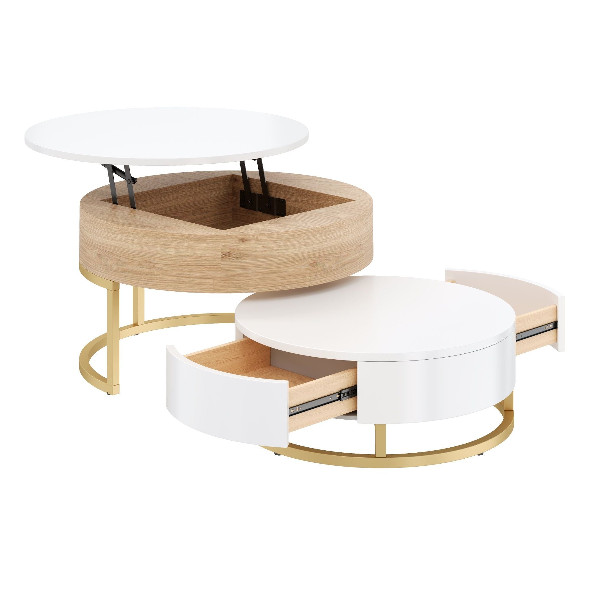Modern Round Lift-Top Nesting Coffee Tables With 2 Drawers