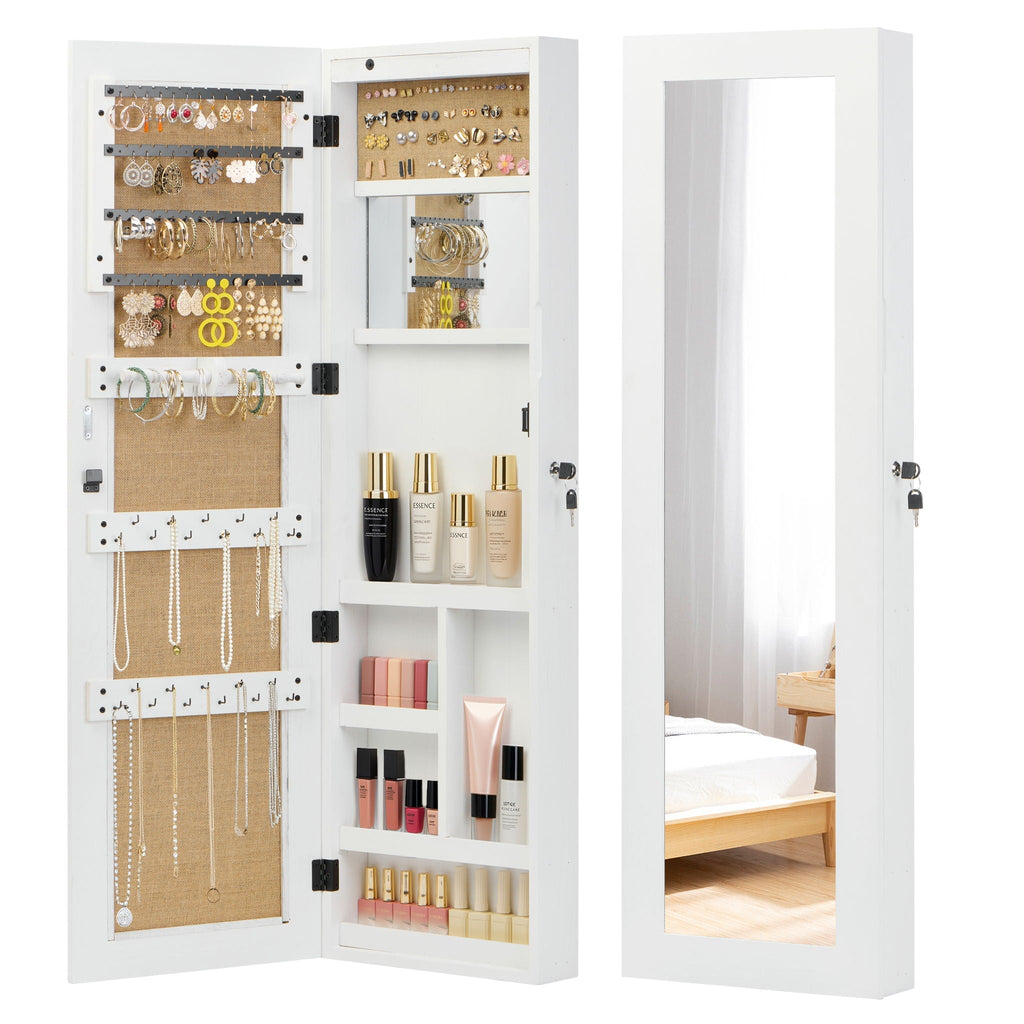 Jewelry Armoire Organizer With Full Length Mirror, Wall Mounted Lockable Cabinet With LED Light