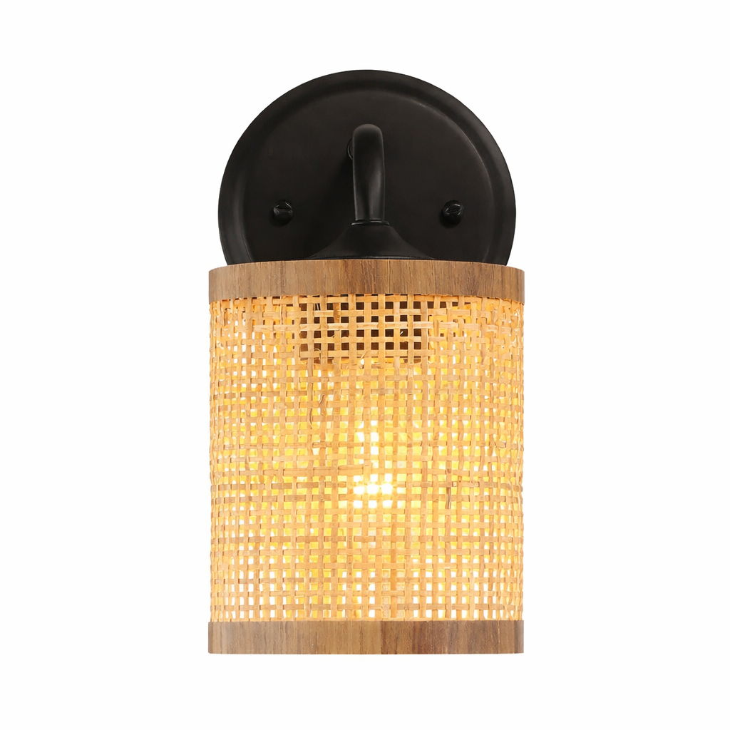 Reef - Single Lights Wall Sconce With Natural Shade Rustic Wicker Wall Light - Black / Rattan