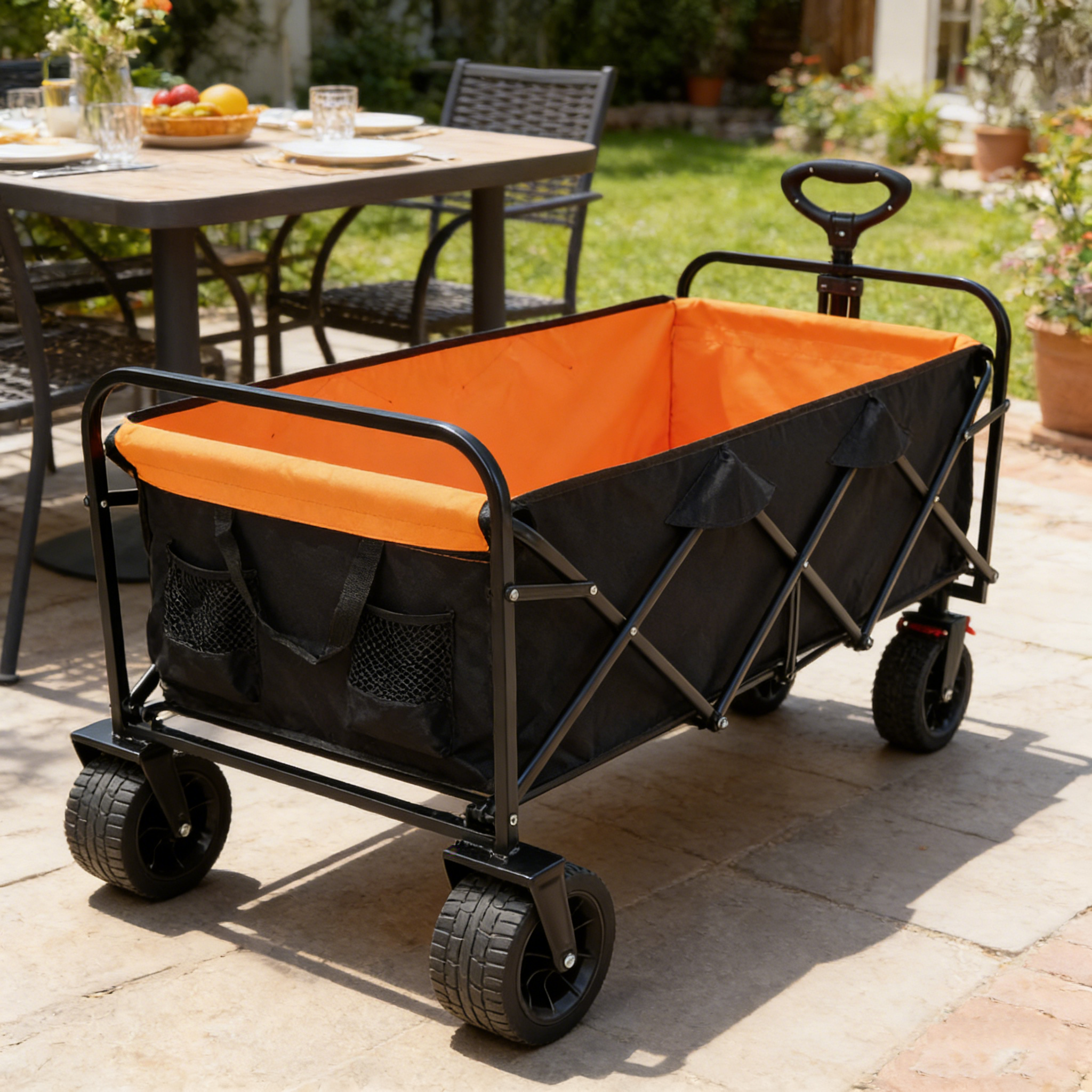 Big Large Capacity Folding Wagon Cart with Extender (Black + Orange)