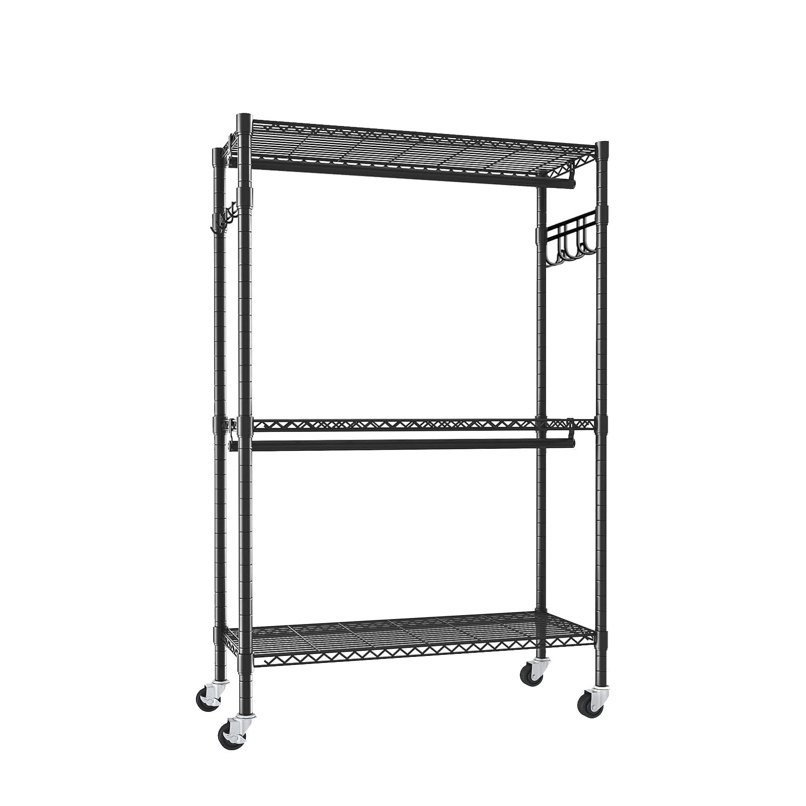 Heavy Duty Rolling Clothes Rack With 3 Tier Shelves, 2 Rails & Side Hooks
