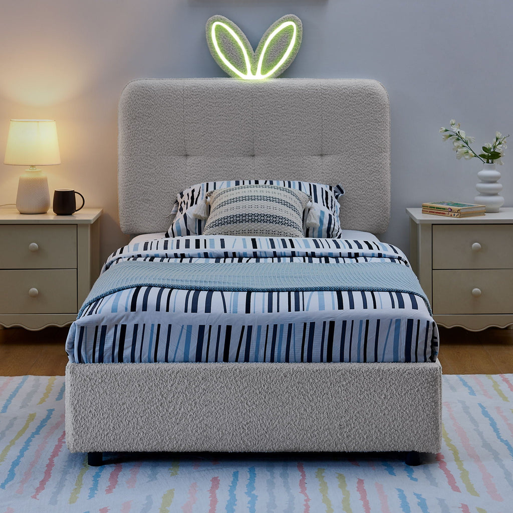 Upholstered Bed With Oversized Rabbit Ear Headboard, LED Lights & 4 Storage Drawers