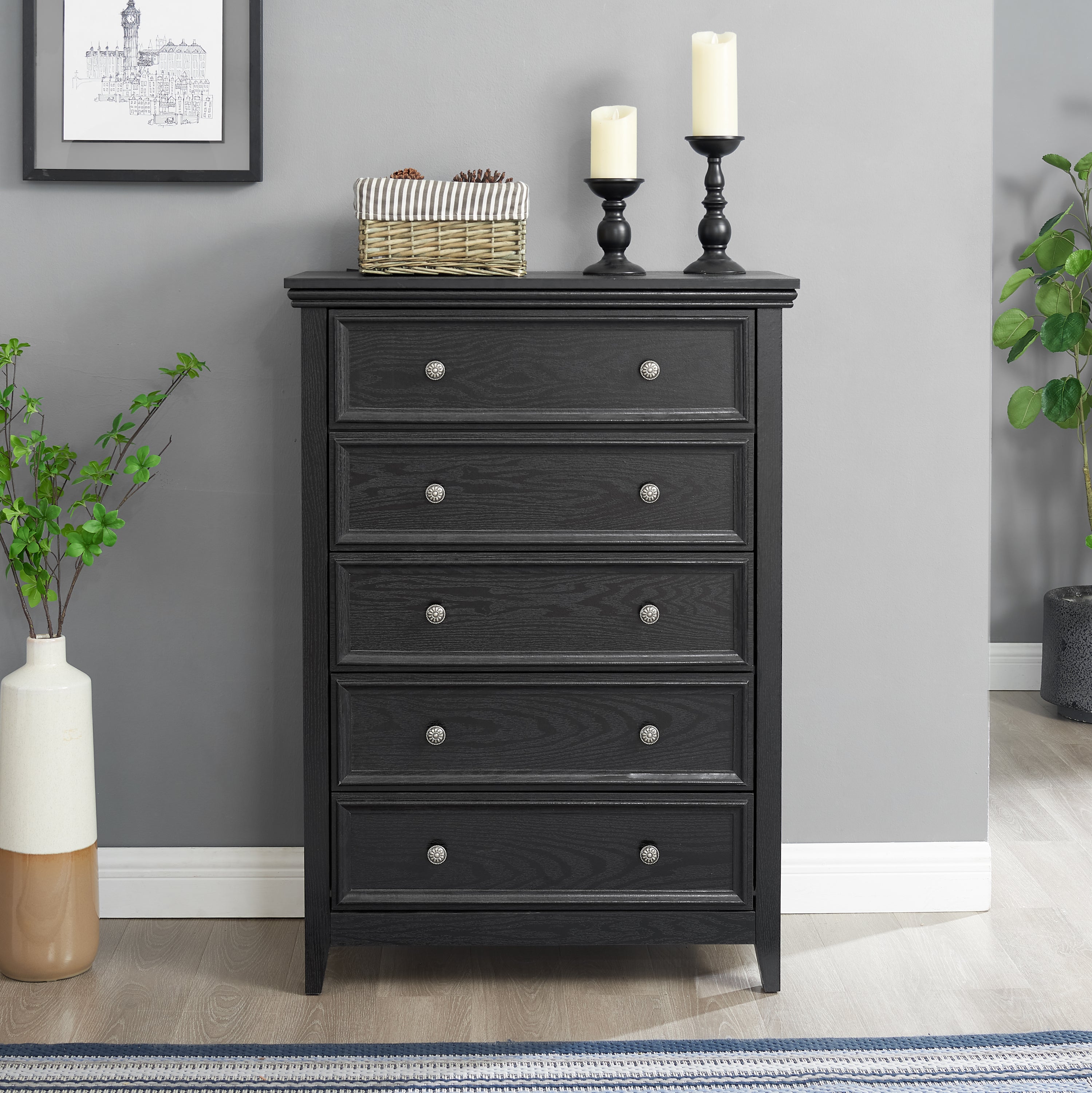 Modern 5-Drawer Black Dresser for Living Room Storage