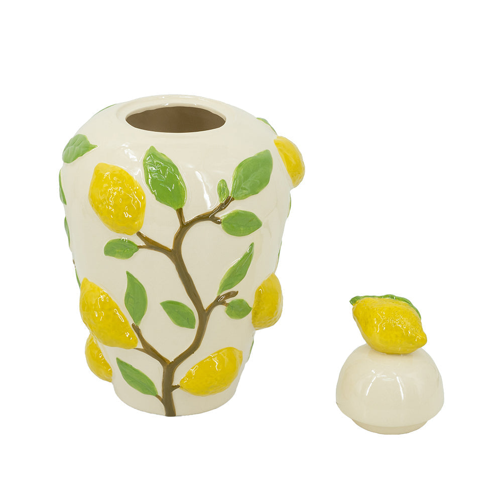8.7x8.7x15' White Ceramic Lidded Jar with Playful Lemon Design