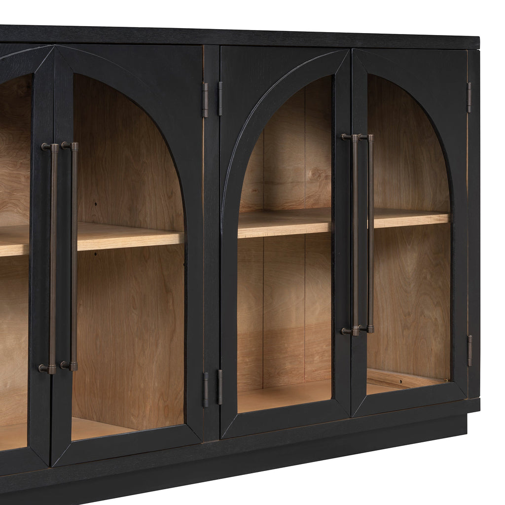 4-Door Large Storage Sideboard Buffet Cabinet with Glass Doors Arched Cabinet (Black)