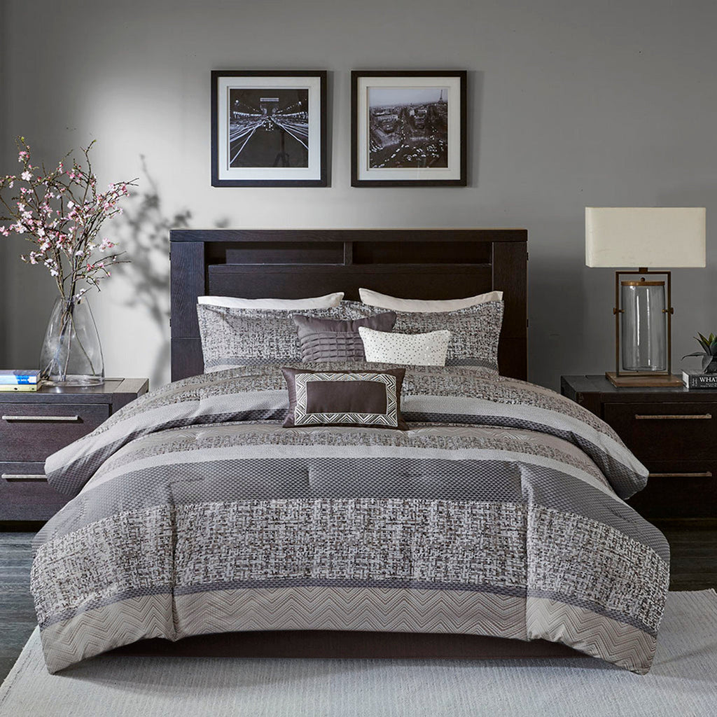 7 Piece Jacquard Comforter Set Grey Taupe King