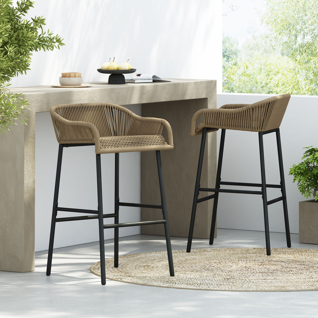 La Push Outdoor Rope Barstool (Set of 2) - Black / Brown
