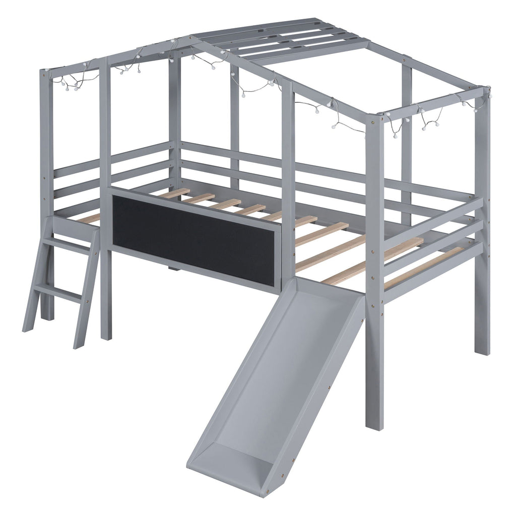 Loft House Bed With Ladder And Slide, With board And Light Strip On The Roof