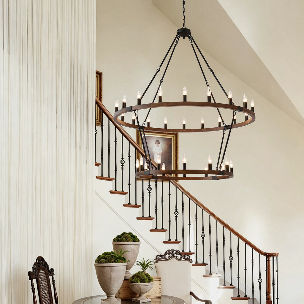 Large Solid Wood Wagon Wheel Chandelier, 2-Tier 32-Lights