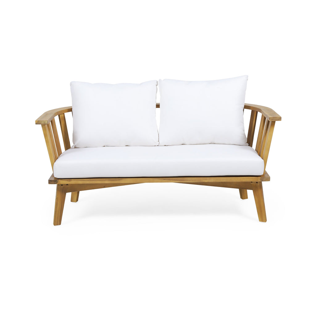2-Person Outdoor Acacia Wood Patio Seating Group with Cushions and Coffee Table